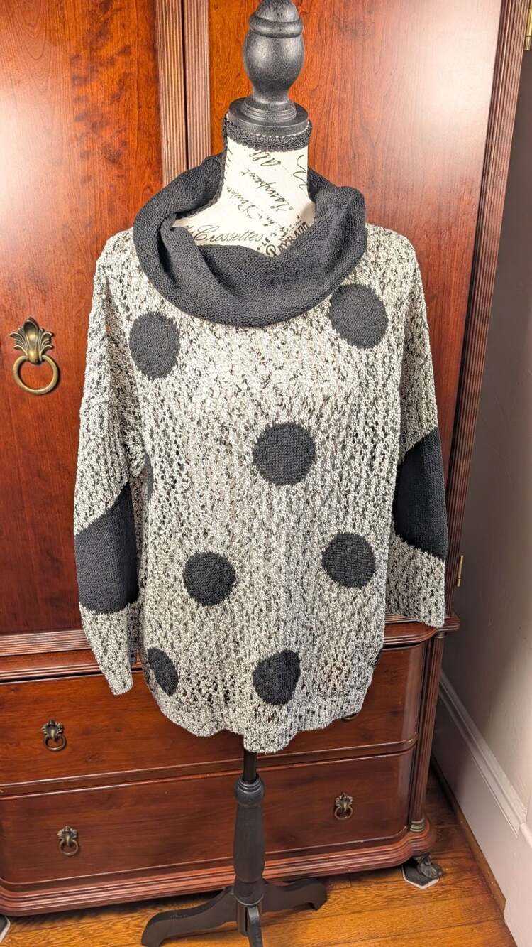French Kyss Crochet Dot Cowl Neck Sweater in Frost Black